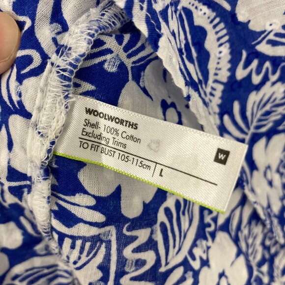 Woolworths Blue White Floral Tie Front Swiss Dot Textured Blouse Large Feminine - Picture 7 of 9